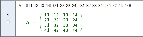 [size=100]Im CAS lege ich eine Matrix A an und verwende Einträge an denen sich leicht die Zeilen und Spalten-Positionen ablesen lassen.
Ich verwende Zahleneinträge, damit sich die Matrixelemente einfach abgreifen lassen: 
A(n) steht dann für die Matrixzeile n und A(z,s) steht für das Element in Zeile z, Spalte s![/size]