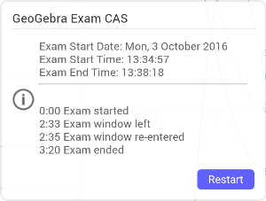 Het logboek toont de begin- en eindtijd van het examen, en vermeldt of de leerling de schermvullende weergave van GeoGebra Examen verliet tijdens het examen.