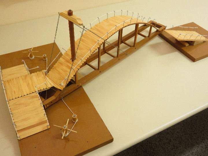 Da Vinci's rotary bridge prototype, developed by vocational students, in 2015.