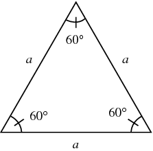 This is an [b]equilateral triangle[/b]. Each angle in an equilateral triangle is [math]60^\circ[/math]. The sides are all equal in length. Each side is represented by [i]a[/i] in this diagram.