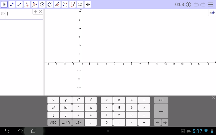 De blauwe hoofdbalk toont dat de GeoGebra Examen Grafisch rekenmachine Tablet App actief is.