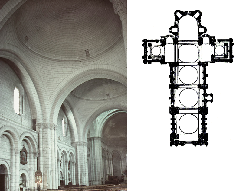 interior and plan of the Angoulême cathedral (1120-1130)
