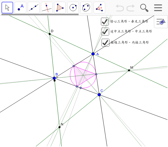 逆中点三角形、傍心三角形、接線三角形を三角形の拡大とし、中点三角形、垂足三角形、内接三角形を縮小とする。 ワークシートを始めるにはEnter キーを押してください。