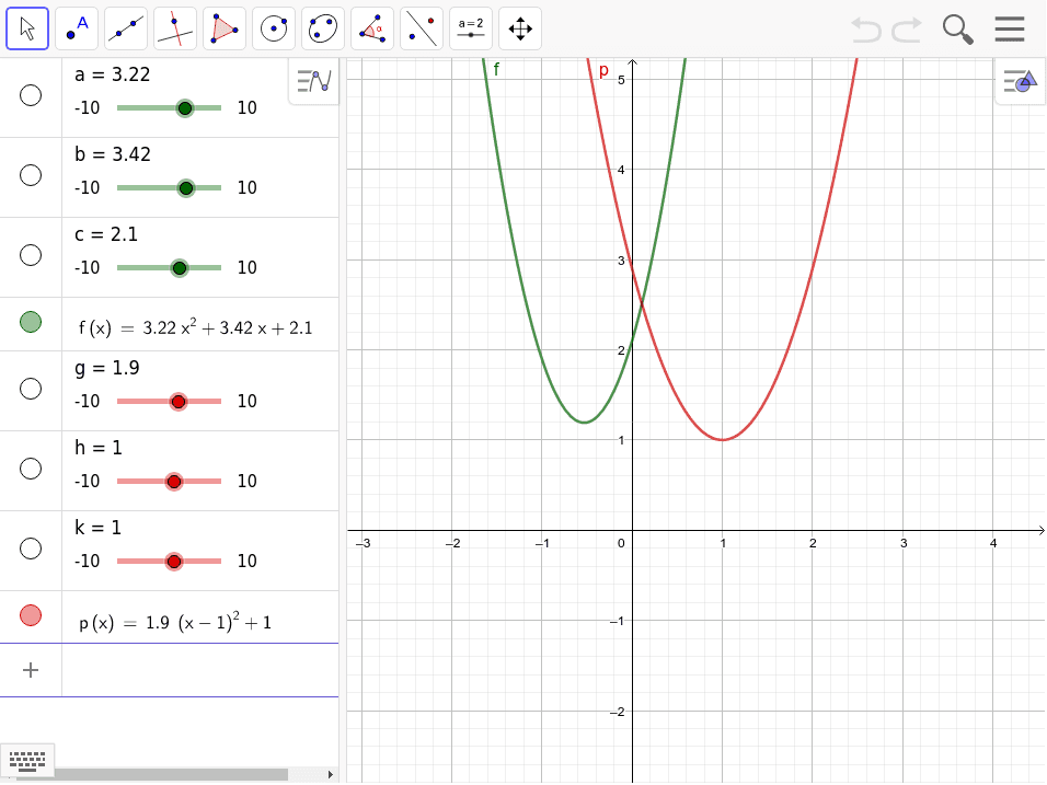 Play with the sliders to see how they affect the graph of the quadratic.  Green graph is in general form and the red graph is in vertex form (standard form). Press Enter to start activity