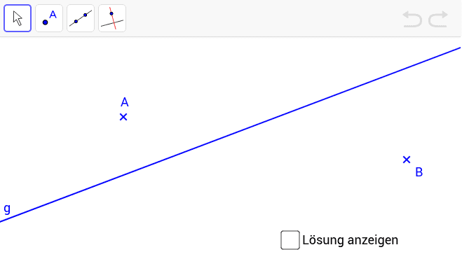 Zeichne mit Hilfe der Werkzeuge zwei zu g parallele Geraden die durch den Punkt A bzw. B verlaufen. Drücke die Eingabetaste um die Aktivität zu starten