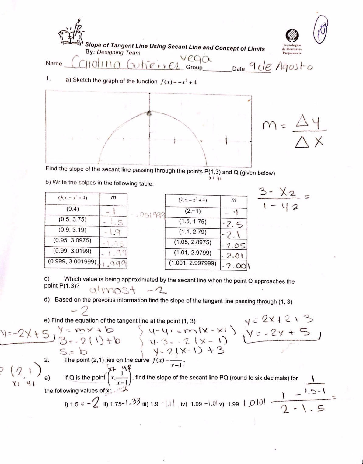 slope of tangent line using secant line and concept of limits