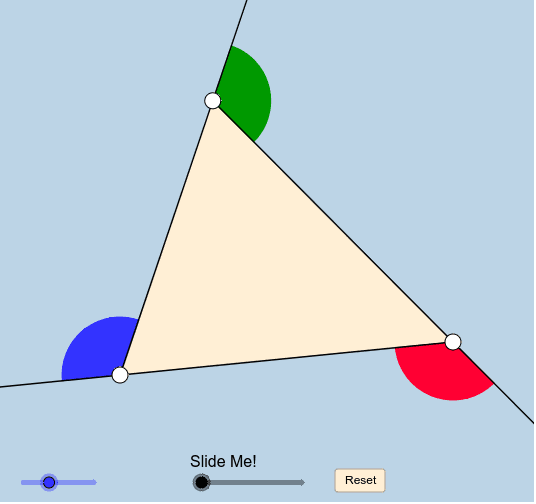 The 3 COLORED ANGLES are said to be the EXTERIOR ANGLES of this triangle.   Press Enter to start activity