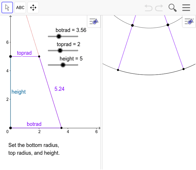 This applet helps you make a pattern for a round lampshade with slanted sides. To print the whole pattern at once (on bigger paper), see https://ggbm.at/WAyTfPCR. Press Enter to start activity
