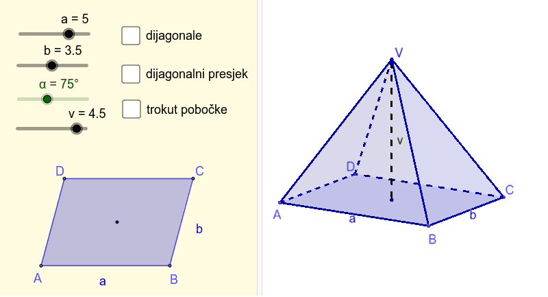Uspravna piramida kojoj je baza paralelogram Pritisnite Enter za pokretanje.