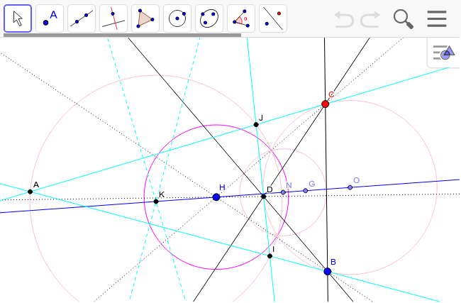 三角形ＢＣＤの頂点と対辺とが円Ｈに関してすべての極と極線になっているときこの円を極円という。 ワークシートを始めるにはEnter キーを押してください。