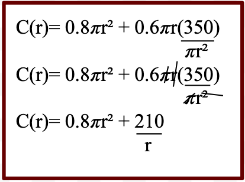 We can sub this into the cost equation for h.
Cancel out the factors (πr) to simplify. This is
our cost function.