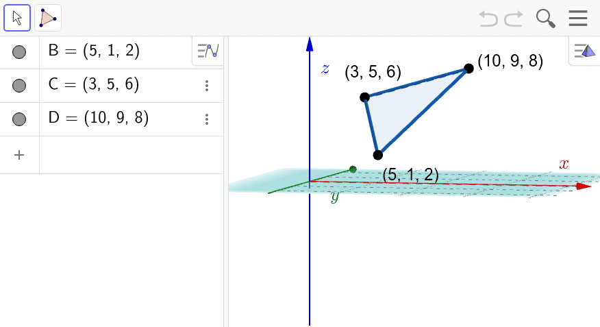 Reflect these 3 points about the horizontal plane shown. Then use the POLYGON tool to construct the triangle that has these points as vertices. Press Enter to start activity