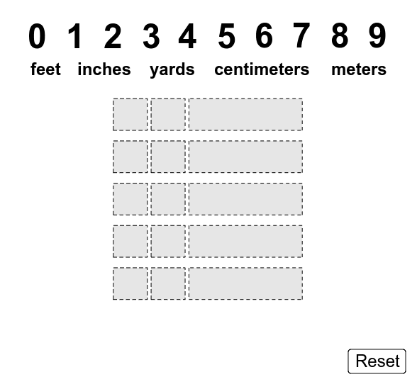 Drag the digits to the small boxes and the units to the big boxes.  What's the greatest total distance you can make?  What's the least? Press Enter to start activity