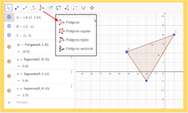 Para construir un triángulo seleccionamos la herramienta “polígono” y marcamos en la vista gráfica tres puntos