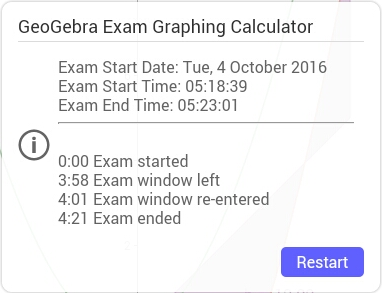 Het logboek toont het begin- en eindogenblik van het examen en vermeldt of de leerling tijdens het examen de schermvullende weergave van GeoGebra Examen verliet.