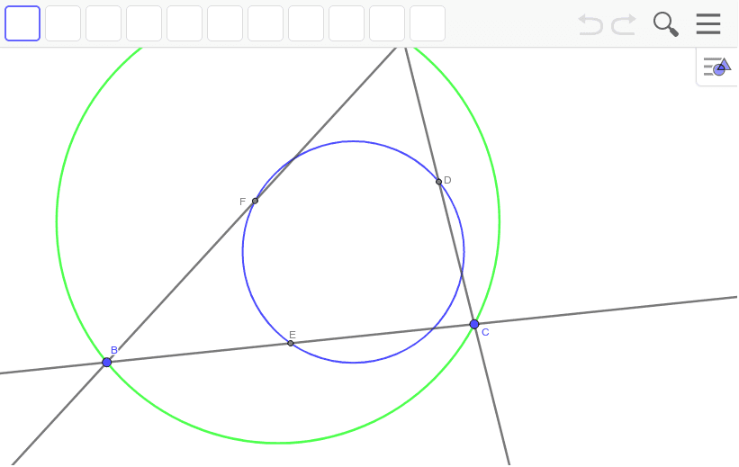 この楕円はデルトイドに内接する。三角形と楕円との交点を求め、垂線を引いてみよう。 ワークシートを始めるにはEnter キーを押してください。