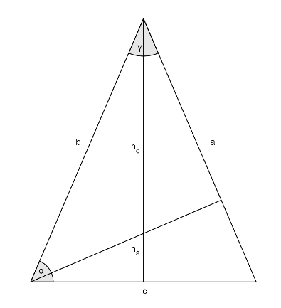 Gegeben ist das folgende gleichschenkelige Dreieck, in dem die Höhen auf die Seiten c und auf a eingezeichnet sind.