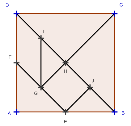 [list][*]ABCD est un carré[/*][*]I est le milieu de [DH][/*][*]H est le milieu de [DB][/*][*]J est le milieu de [HB][/*][*]F est le milieu de [DA][/*][*]G est le milieu de [EF][/*][*]E est le milieu de [AB][/*][/list]