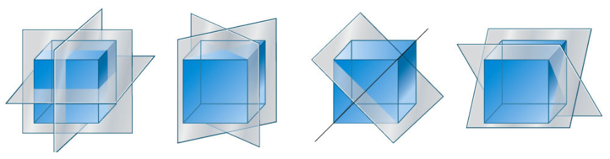 Een kubus heeft een spiegelsymmetrie met spiegelvlakken die overstaande zijvlakken middendoor snijden en spiegelvlakken door overstaande ribben.