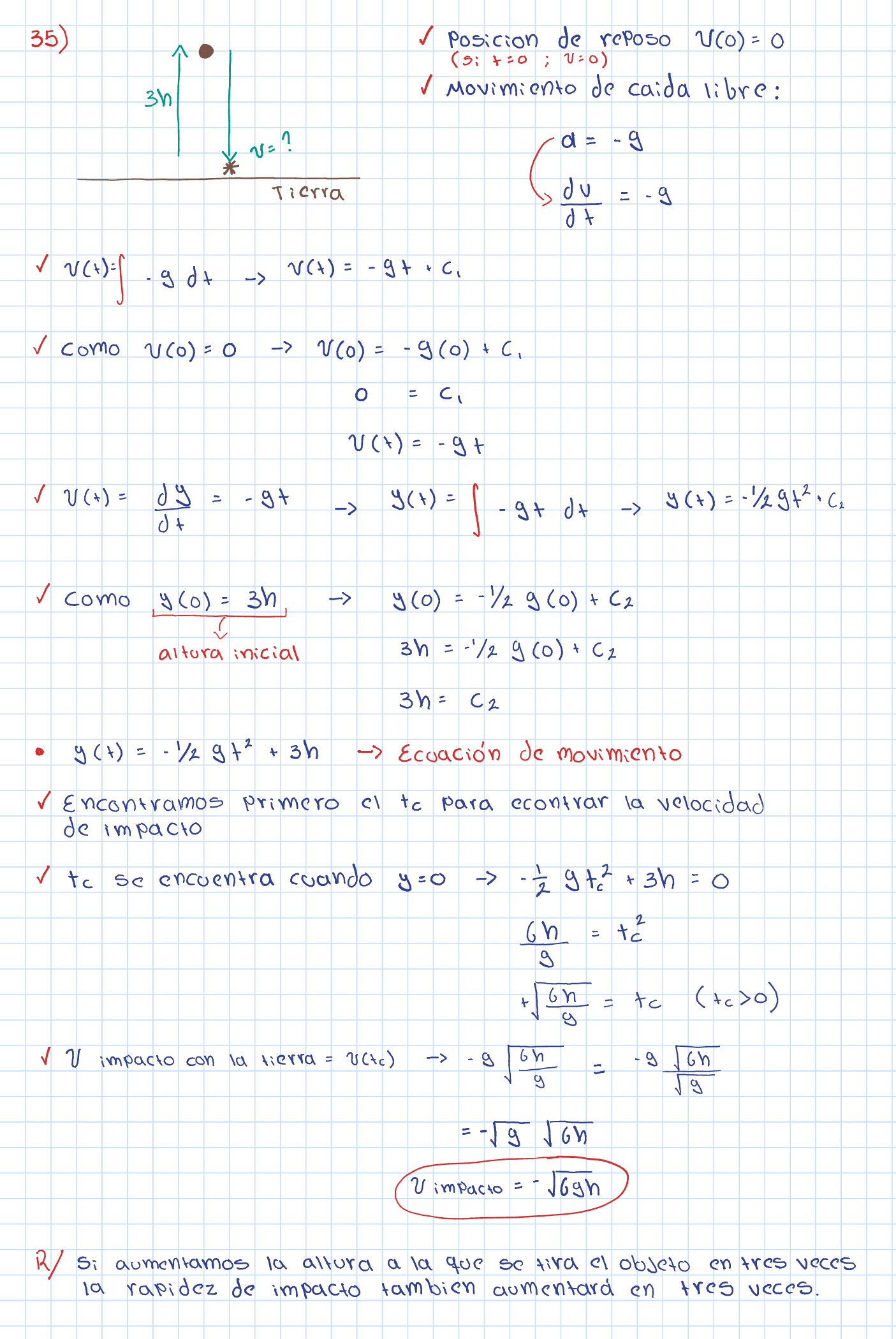 El ejercicio 35 nos decia que lanzabamos una piedra desde el reposo, a una altura inicial h arriba de la superficie de la tierra.