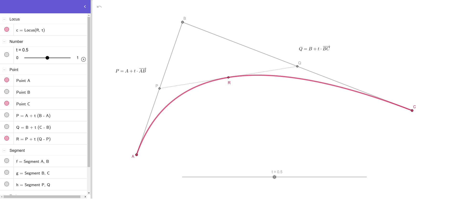 Quadratic Bézier curve GeoGebra