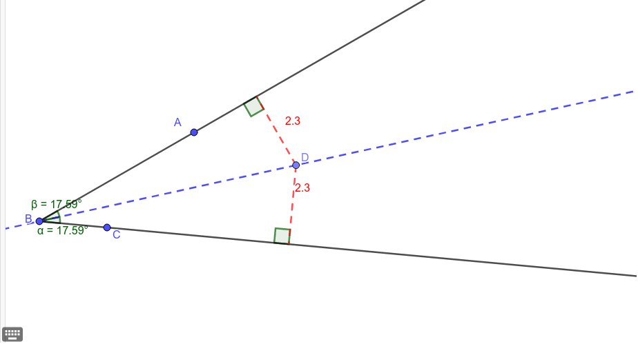 El punto "D" de la bisectriz, se encuentra ubicado a la misma distancia de los dos lados del ángulo. Si lo mueves, podrás comprobarlo. Presiona Intro para comenzar la actividad