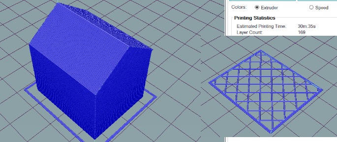 On the right side is one layer of 169 layers of the 3D model on the left. You can see that the outer line is 2 lines thick and there is a crossing layer structure in the center. This structure is a filling that gives the print stability from the inside.