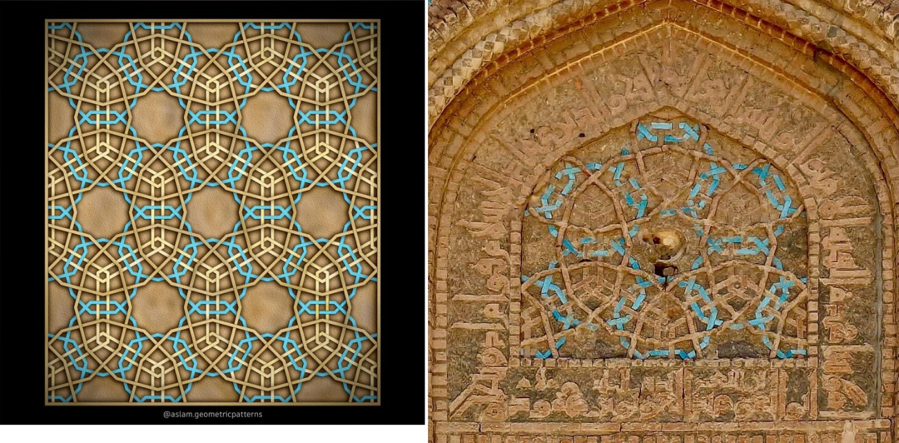left: Gonbad-e-Sork pattern realised by Aslam Qureshi