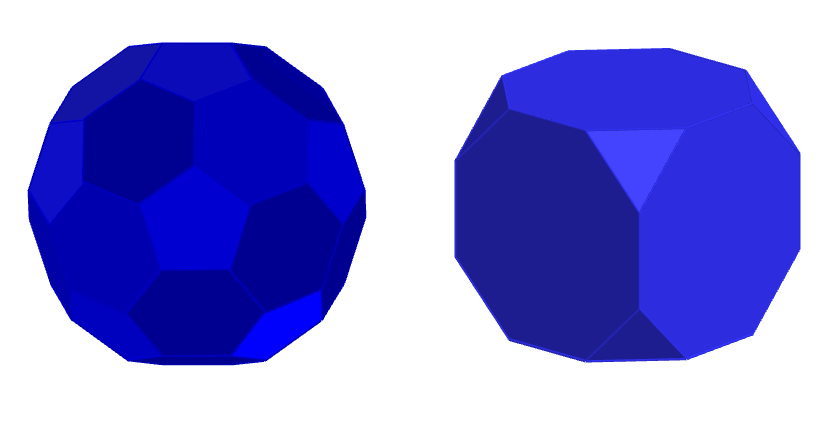 afgeknotte icosaëder (links) en afgeknotte kubus (rechts)