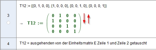 [size=100]Tauschmatrix zum Vertauschen von Zeilen oder Spalten. Sie entstehen aus der Einheitsmatrix in dem die entsprechenden Zeilen vertauscht wurden: T12, T13, T14, T23, T24, T34 wäre ein kompletter Satz an Matrizen um alle möglichen Zeilen- oder Spalten-Vertauschungen einer 4x4 Matrix zu beschreiben.[/size]