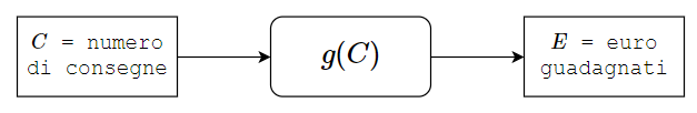 Per la funzione [math]g[/math] l'[i]input[/i] (variabile indipendente) è costituito dal numero di consegne, mentre il guadagno finale è il risultato ([i]output[/i] o variabile dipendente).