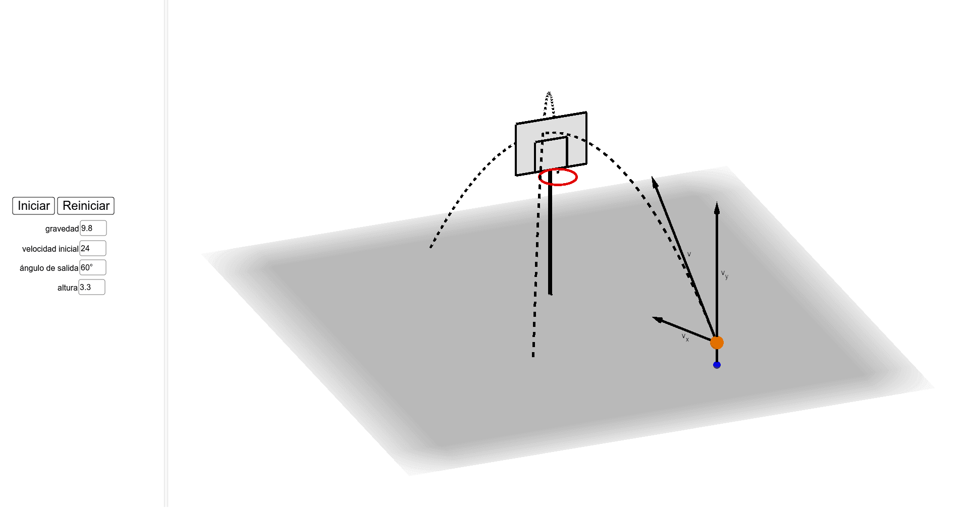 Tiro parabólico a canasta en tres dimensiones que representa el vector velocidad a lo largo de la trayectoria y también un choque con el tablero (si es que existe). (instrucciones debajo). Presiona Intro para comenzar la actividad
