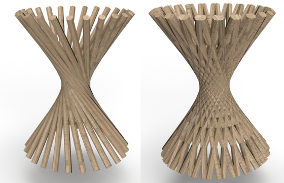 Modelos de hiperboloide a partir de segmentos con textura de madera.