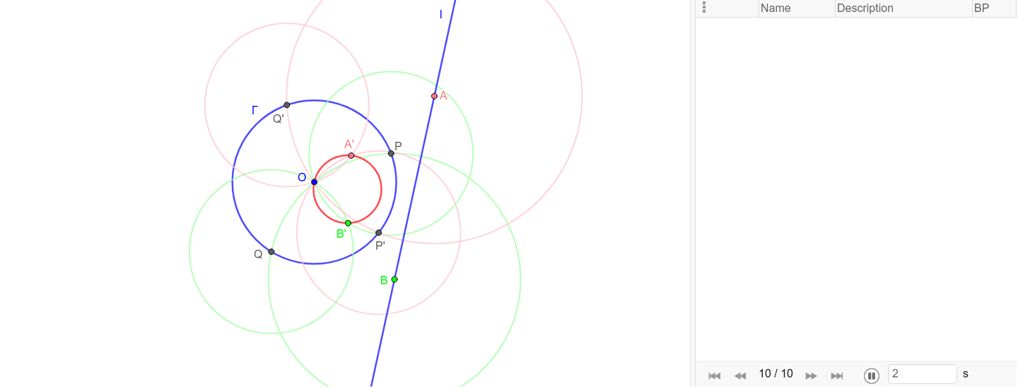  Given the circle Γ and its center O, and given a line l ̸∋ O, give a ruler and compass construction of the circle ρΓ(l) (par = 7 steps). Premi Invio per avviare l'attività