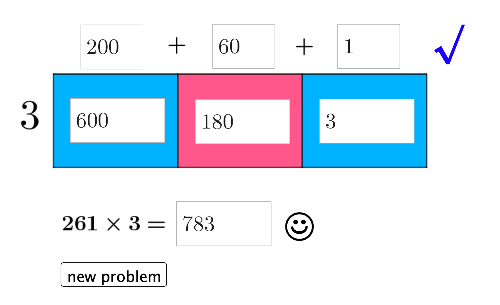 To evaluate 261 x 3, note how (in the pic) we decomposed 261 into "200 + 60 + 1", and then filled in the areas and then added these areas. 