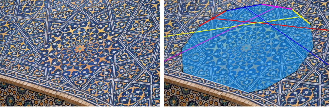 Fig. 2 Drawing upon a picture of orientalarchitecture.com.
In the star the middles of edges clearly are not connnected to the middles of the 4th edge but with a point closer to the 1st vertex of it.