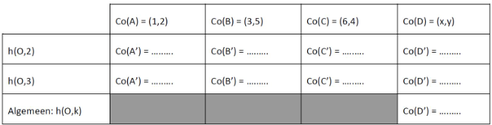 [size=85][size=100]Vul de coördinaten van A', B' en C' in bij tabel 6.
Wat stel je vast? Wat is het effect van deze homothetie op de coördinaat van een punt? Veralgemeen dit in de derde kolom. [/size][/size]