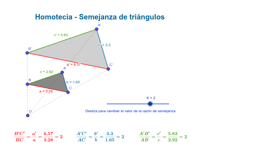 Ayúdate de este applet para, modificando el triángulo ABC (en gris oscuro) o la razón de semejanza (k, con el deslizador), ver cómo varía el triángulo A'B'C' y, sin embargo, la proporción entre los lados homólogos de ambos triángulos se mantiene. Presiona Intro para comenzar la actividad