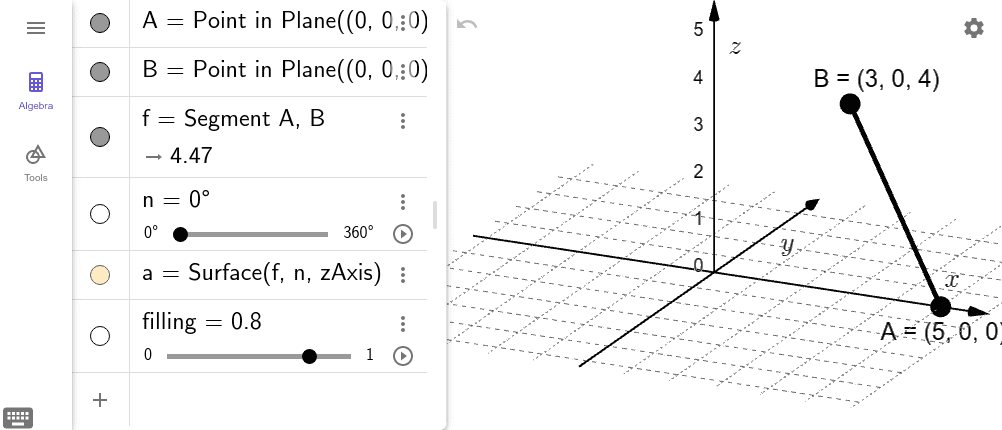 Interact with the points and sliders to create two cones so that the apex (sharp point) of each one is located at (0,0,0).  Press Enter to start activity