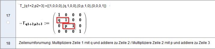 [size=100]Allgemein werden in Zeilentransformationsmatrizen die Faktoren für die erste Zeile unterhalb der Diagonalen in der ersten Spalte und die Faktoren für die zweite Zeile in der zweiten Spalte hinterlegt. Weitere Zeilenfaktoren analog eintragen ...[/size]