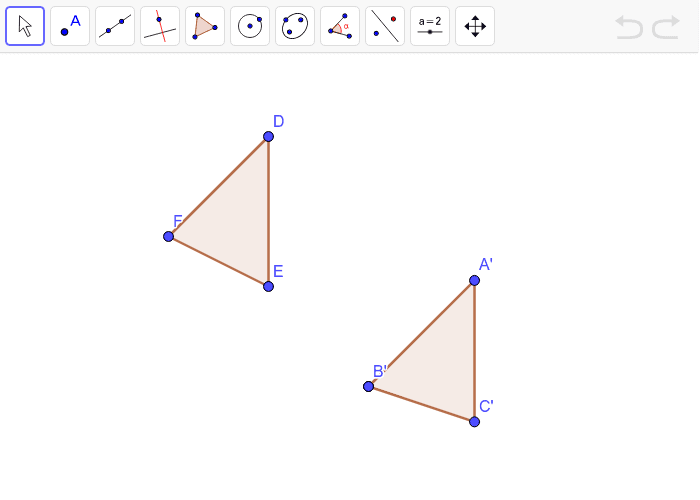 Find a sequence of rigid motions to take each vertex of triangle ABC onto the corresponding vertex of triangle DEF. Press Enter to start activity