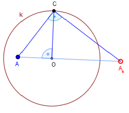 Az [b]A[/b] pont az  [b]A[/b][sub][b]k[/b] [/sub](külső) pont [i] k[/i]-ra vonatkozó inverzének az O-ra vonatkozó tükörképe.
Az [b]A[/b] és [b]A[/b][b]k [/b]pontok közötti kapcsolat az un. [i]polárreciprocitás. ([/i]Ez épp úgy szimmetrikus transzformáció, mint pl. a tengelyes tükrözés)