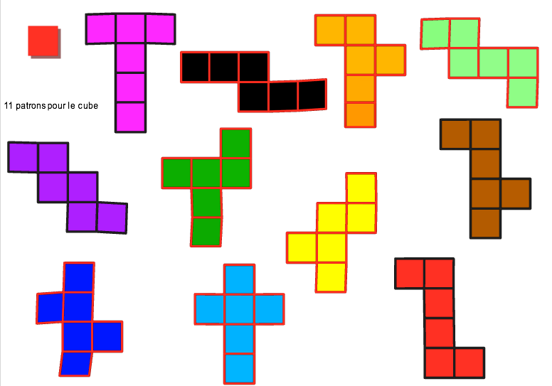 Les onze patrons du cube (différents et non superposables)
