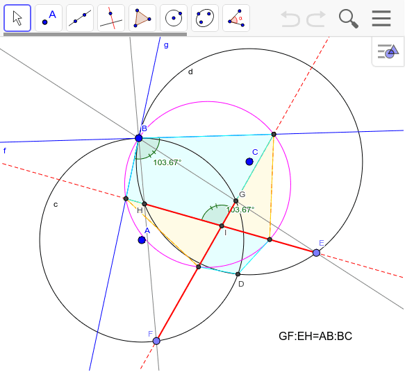 二つの円の交わる角度を変えてみる。円の交点の角度＝交線の角度という関係がある。さらに、元の長さは半径が同じなら等しい。 ワークシートを始めるにはEnter キーを押してください。
