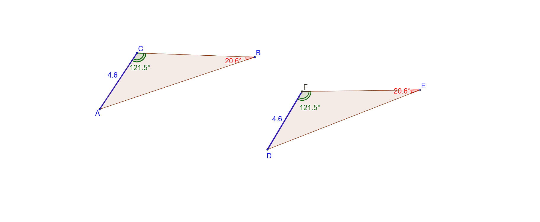 Drag any point on triangle ABC to resize the triangle. Study what happens to triangle DEF when you resize triangle ABC. Also try to coincide (put one triangle on top of the other) and see if they match up. Press Enter to start activity
