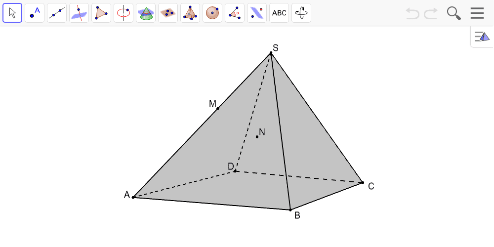 Construire la section de cette pyramide par le plan (DMN) où N est un point de la face (ABS) Tapez "Entrée" pour démarrer l'activité