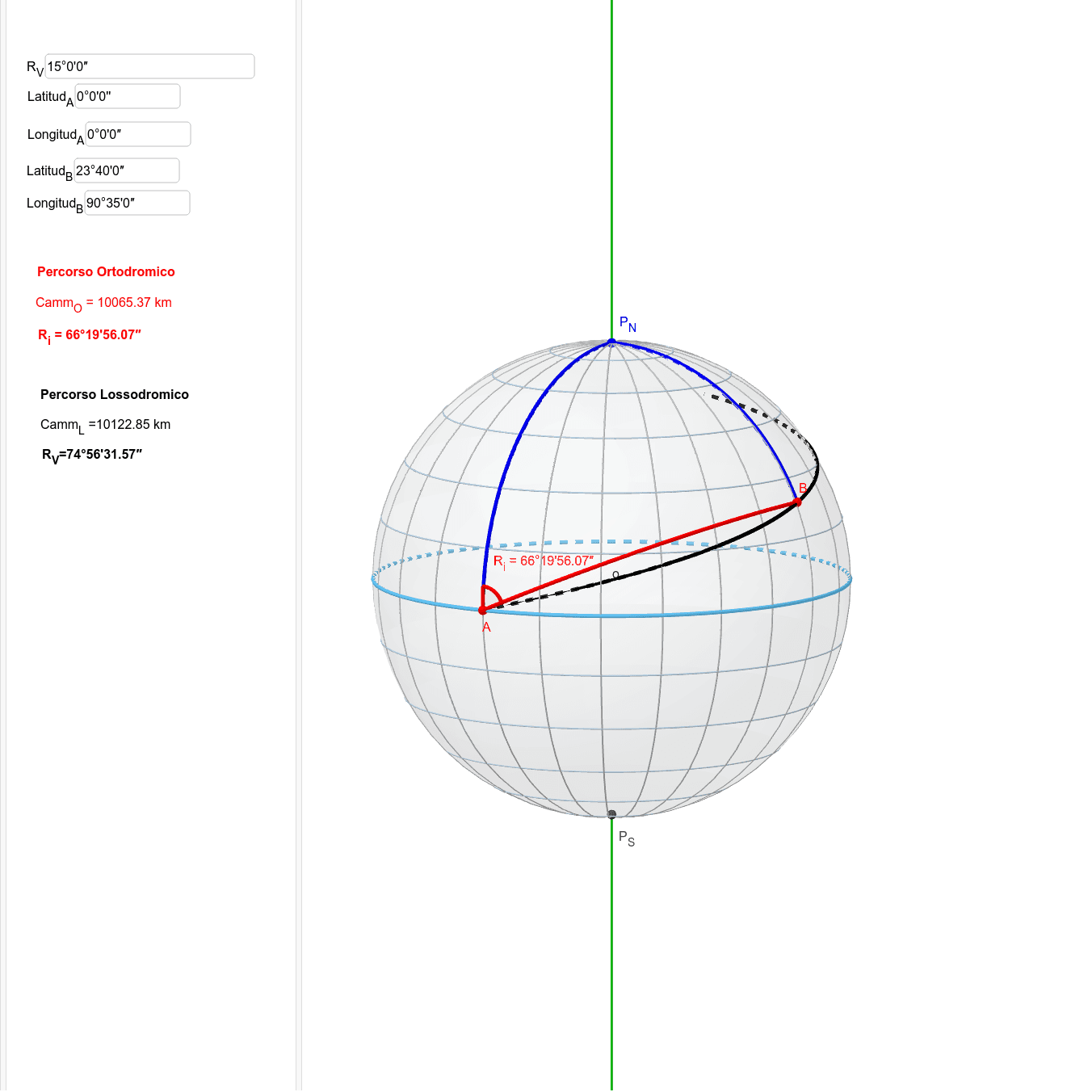 Confronto cammino Ortodromico - Lossodromico da Equatore – GeoGebra