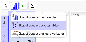 Faire afficher le nuage de points en sélectionnant les colonnes contenant les données puis en utilisant le menu "statistiques à deux variables "