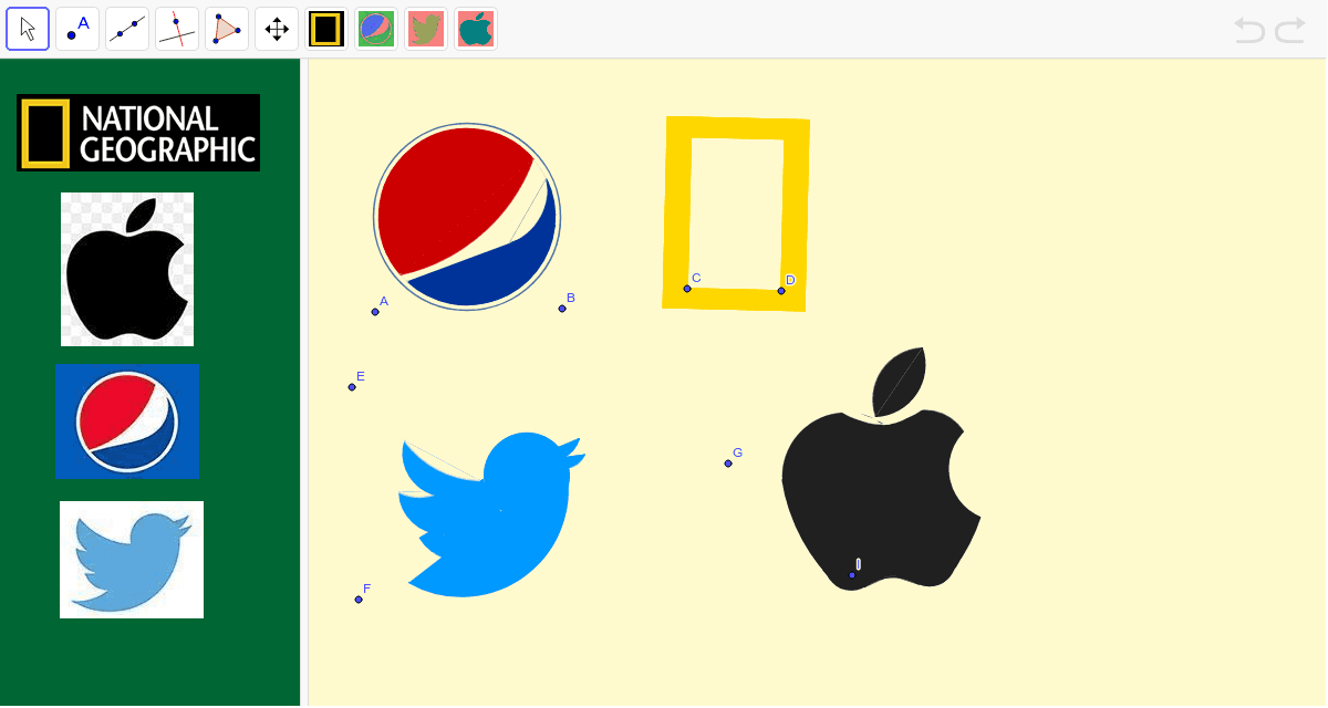 Con un par de puntos en la vista gráfica puedes generar cualquiera de los 4 logos. En el de National Geographic habrás de poner un número entre 0.1 y 1 que será el grosor del logo.