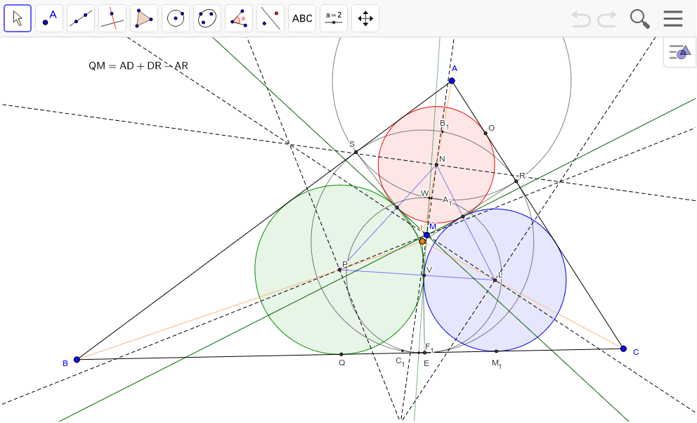 ３つの円の中心で三角形を作る。Ｍはその三角形の内心であり、互いの接点の接線の交点（３円の根心）である。 ワークシートを始めるにはEnter キーを押してください。